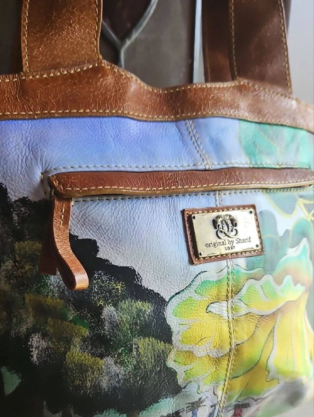 Sharif Hand-Painted Floral and Landscape Tote Satchel in Brown Leather Trim